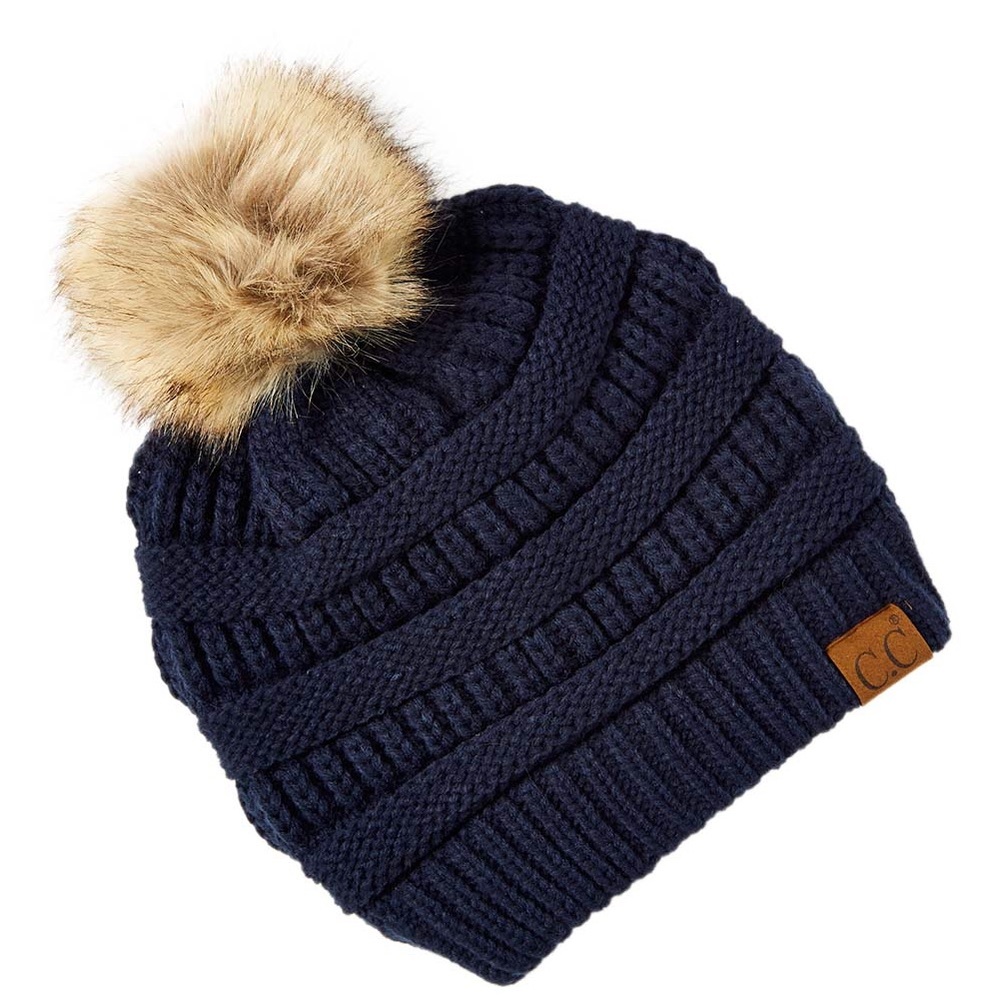 CC Navy Blue Knit Faux Fur Pom-Pom Beanie Unisex Cable Knit Slouchy Beanie